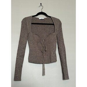 Jonathan Simkhai Long Sleeve Cropped Ribbed Top Sweater V Neck Brown Dune Large